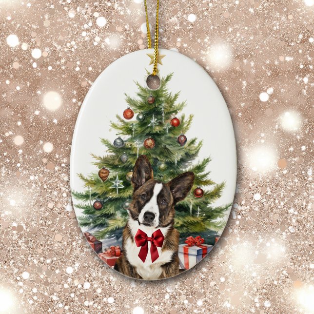Red Bow Cardigan Welsh Corgi Dog Christmas Ceramic Ornament (Creator Uploaded)