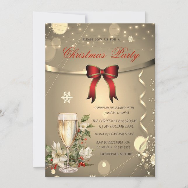 Red Bow,Champagne Poinsettia Company Christmas  Invitation (Front)