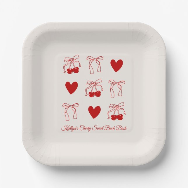Red Bow Cherry Sweet Bachelorette Party Party Paper Plate (Front)