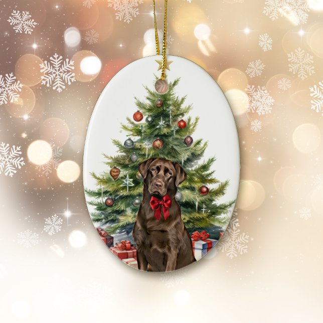 Red Bow Chocolate Labrador Retriever Christmas Ceramic Ornament (Creator Uploaded)