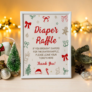 Red Bow Christmas Baby Shower Diaper Raffle  Poster