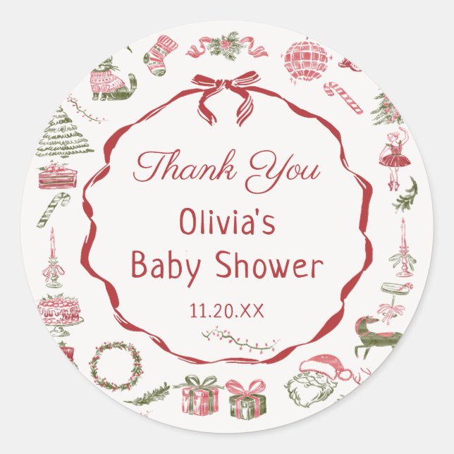 Red Bow Christmas Baby Shower Sticker  (Front)