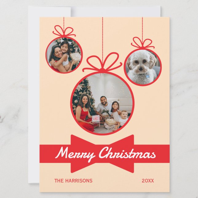 Red Bow Christmas Ball Three Photos Holiday Card (Front)