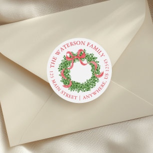 Red Bow Christmas Boxwood Wreath Address Classic Round Sticker