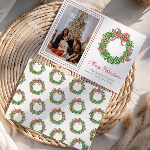 Red Bow Christmas Boxwood Wreath Photo Holiday Card