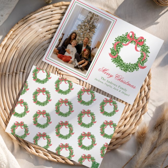 Red Bow Christmas Boxwood Wreath Photo Holiday Card (Creator Uploaded)