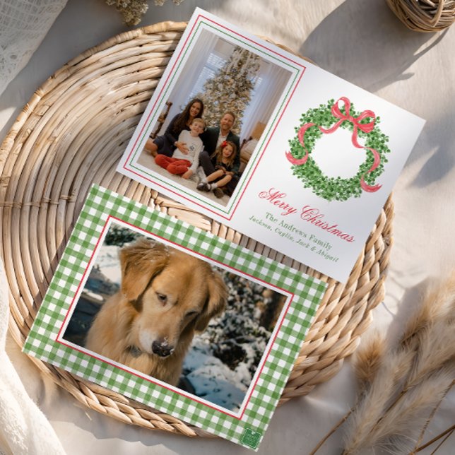 Red Bow Christmas Boxwood Wreath Photo Holiday Card (Creator Uploaded)