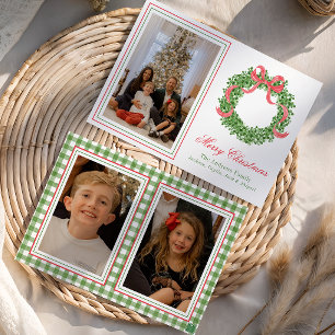 Red Bow Christmas Boxwood Wreath Photo Holiday Card