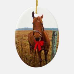 Red bow Christmas Horse Ceramic Ornament