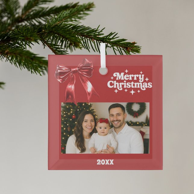 Red bow Christmas photo Glass Tree Decoration (Creator Uploaded)