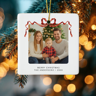 Red Bow Christmas Photo Square Ceramic Ornament
