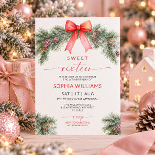 Red Bow Christmas Sweet 16 Birthday Invitation