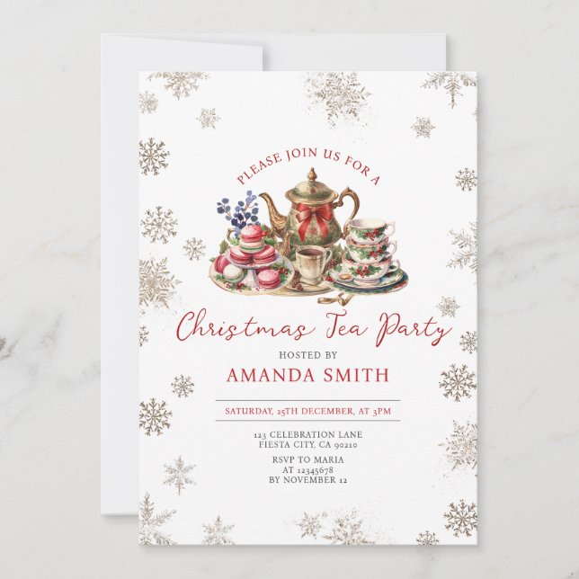 Red Bow Christmas Tea Adult Birthday Party Floral Invitation (Front)