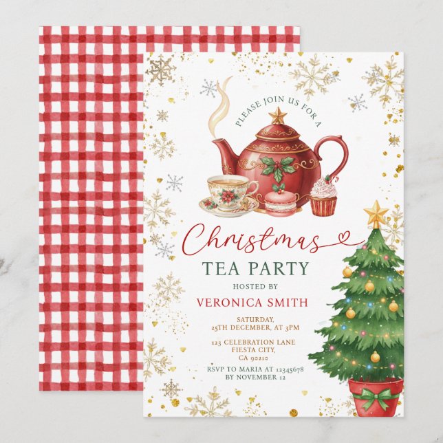 Red Bow Christmas Tea Adult Birthday Party Floral Invitation (Front/Back)