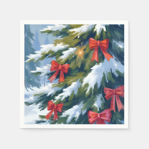Red Bow Christmas Tree Watercolor Painting Napkin