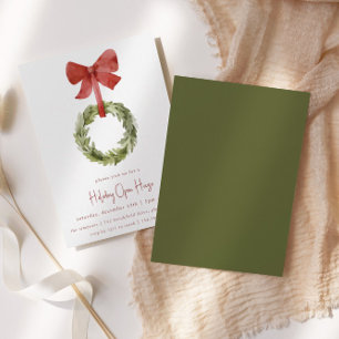 Red Bow Christmas Wreath   Holiday Open House Invitation