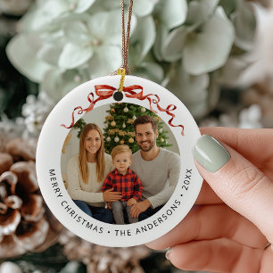 Red Bow Circle Christmas Photo Ceramic Ornament