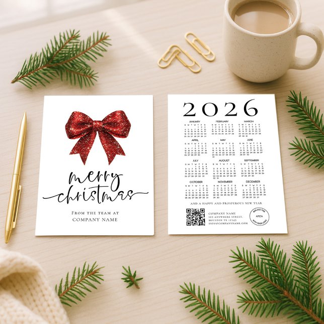 Red Bow Company logo 2026 Calendar Merry Christmas Holiday Card (Front and back view)