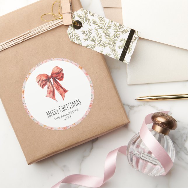 Red Bow Coquette Elegant Floral Christmas  Classic Round Sticker (Gifting)
