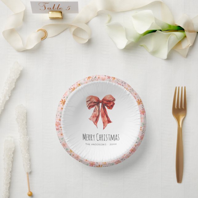 Red Bow Coquette Elegant Floral Christmas  Paper Plate (Wedding)