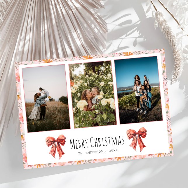 Red Bow Coquette Floral Christmas Photo Collage Holiday Card (Creator Uploaded)