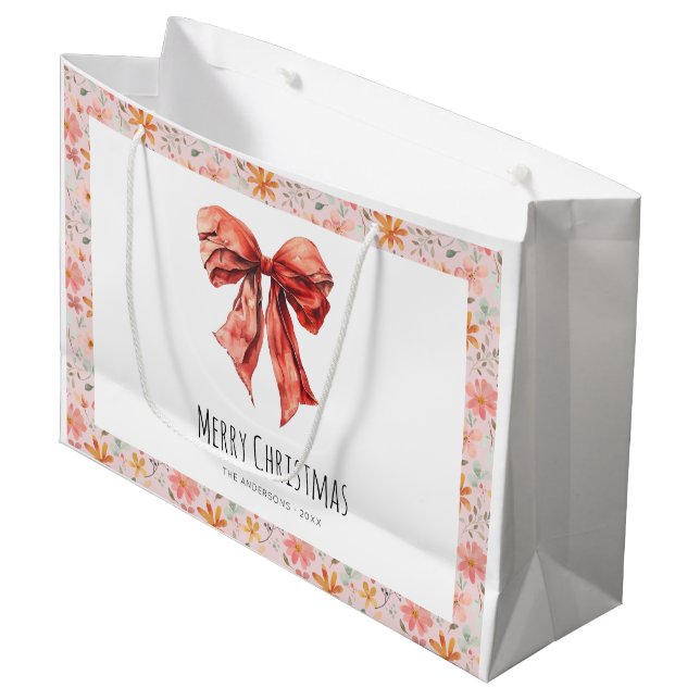 Red Bow Coquette Minimalist Christmas  Large Gift Bag (Front Angled)