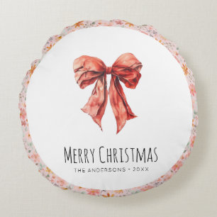 Red Bow Coquette Modern Floral Christmas  Round Cushion