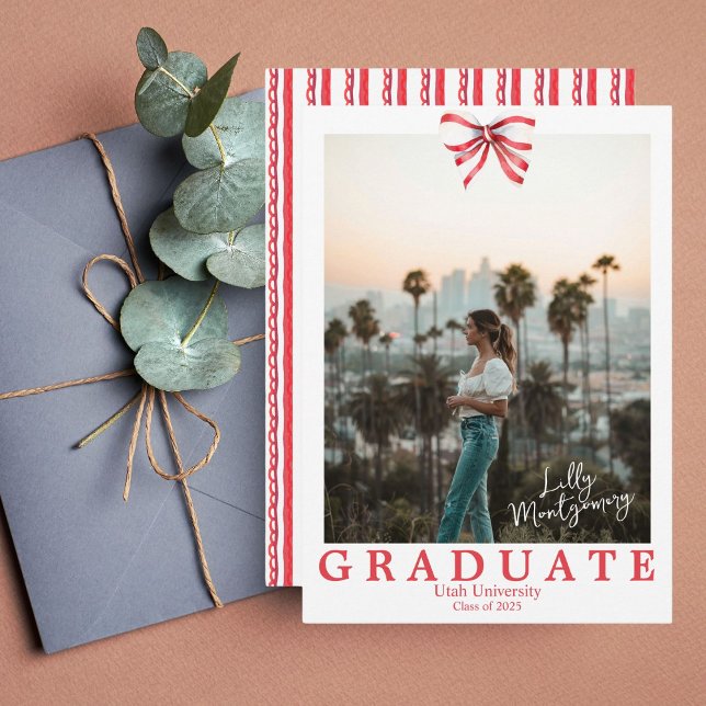 Red Bow Coquette Photo Graduation Announcement (Creator Uploaded)