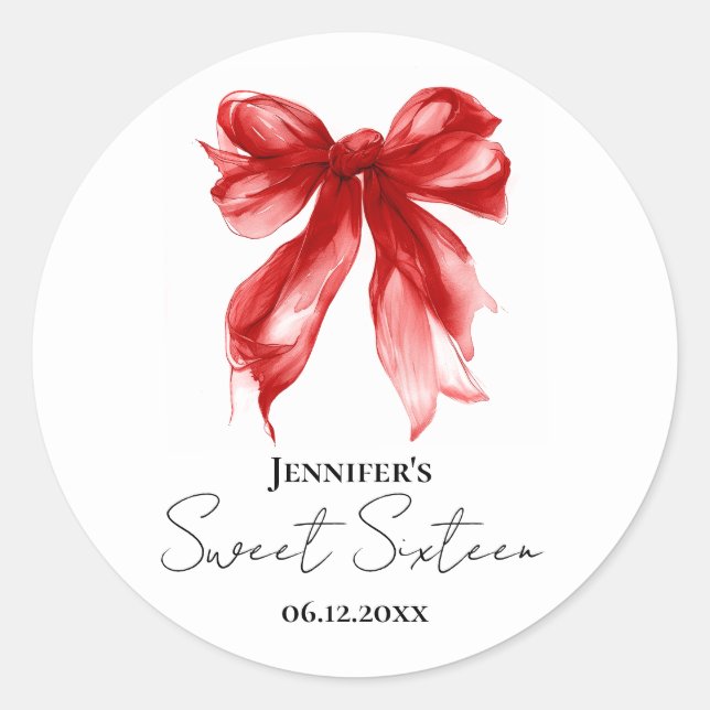 Red Bow Coquette Script Sweet 16 Party  Classic Round Sticker (Front)