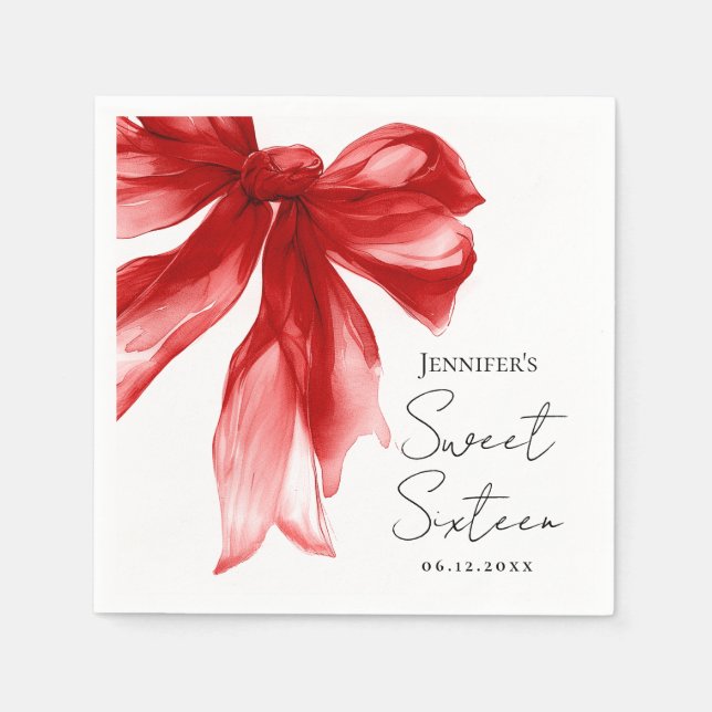 Red Bow Coquette Script Sweet 16 Party  Napkin (Front)