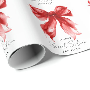 Red Bow Coquette Script Sweet 16 Party  Wrapping Paper