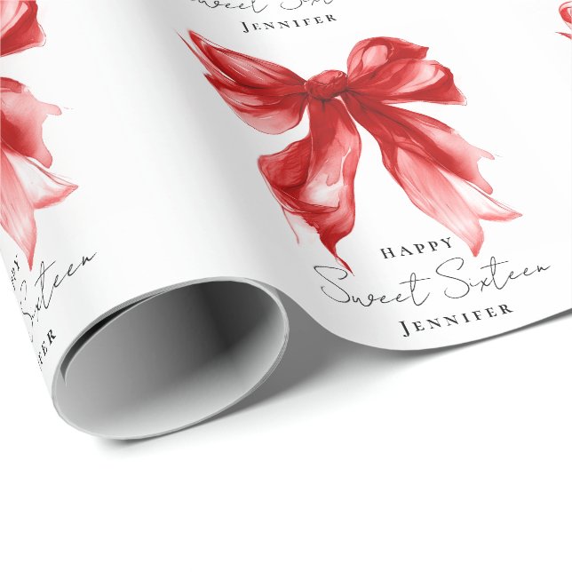 Red Bow Coquette Script Sweet 16 Party  Wrapping Paper (Roll Corner)