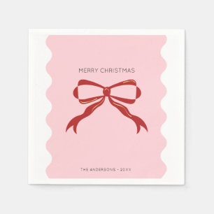 Red Bow Coquette Squiggly Borders Christmas Napkin