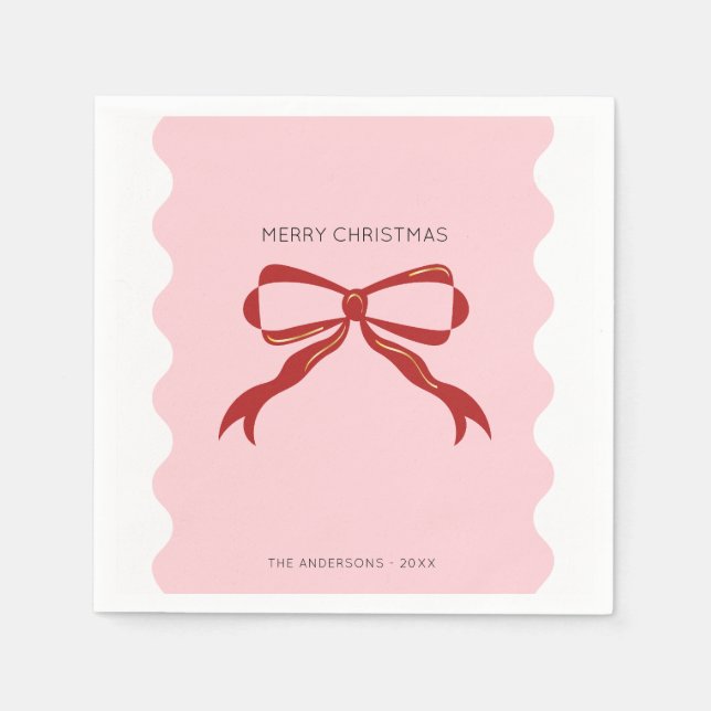 Red Bow Coquette Squiggly Borders Christmas  Napkin (Front)