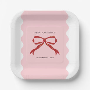 Red Bow Coquette Squiggly Borders Christmas  Paper Plate