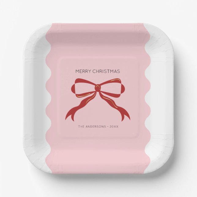 Red Bow Coquette Squiggly Borders Christmas  Paper Plate (Front)