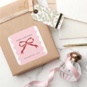 Red Bow Coquette Squiggly Borders Christmas  Square Sticker