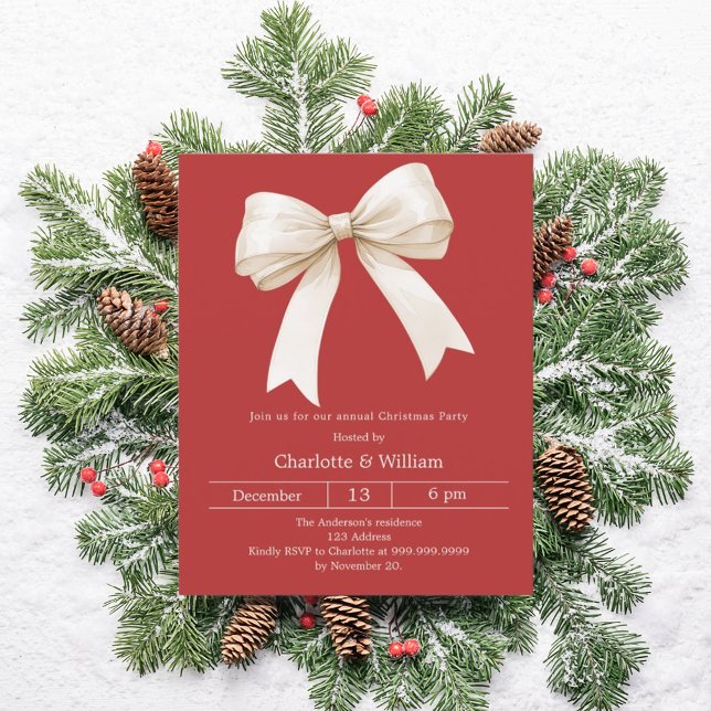 Red bow cream Christmas Party invitation (Creator Uploaded)