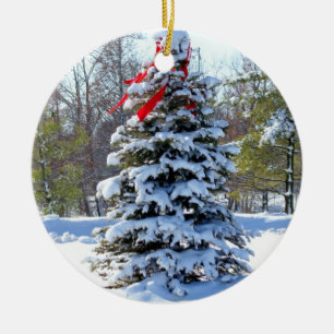Red Bow Evergreen Ceramic Ornament