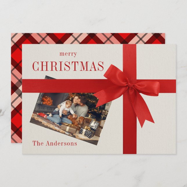 Red bow family photo chequered Christmas card  (Front/Back)