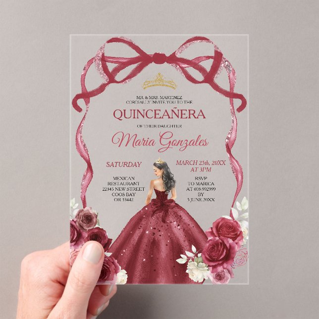 Red Bow Frame Princess Gold Crown Girl Quinceañera Acrylic Invitations (Insitu (Handheld))