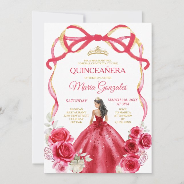 Red Bow Frame Princess Gold Crown Girl Quinceañera Invitation (Front)