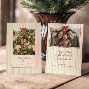 Red Bow Frame Sage Stripes 2 Photo Holiday Card