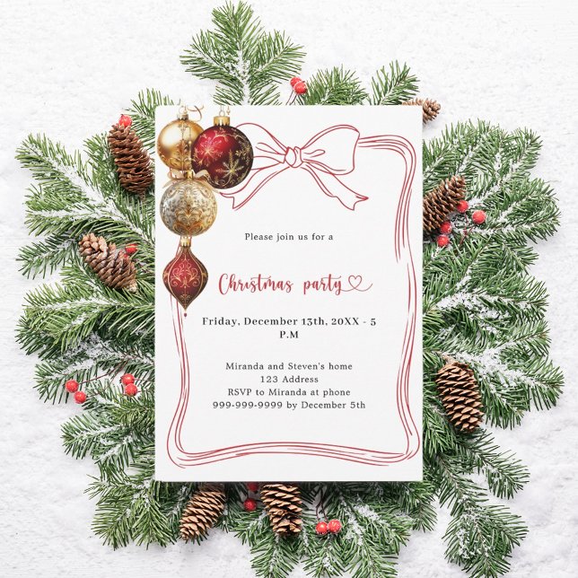 Red bow gold baubles Christmas Party Invitation (Creator Uploaded)