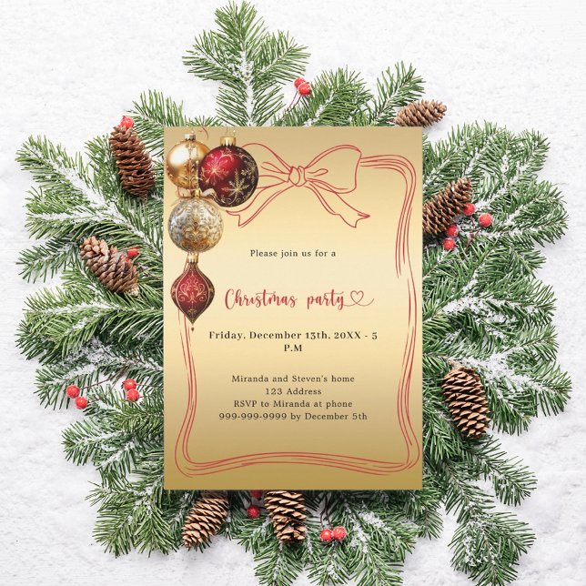 Red bow gold baubles Christmas Party Invitation (Creator Uploaded)