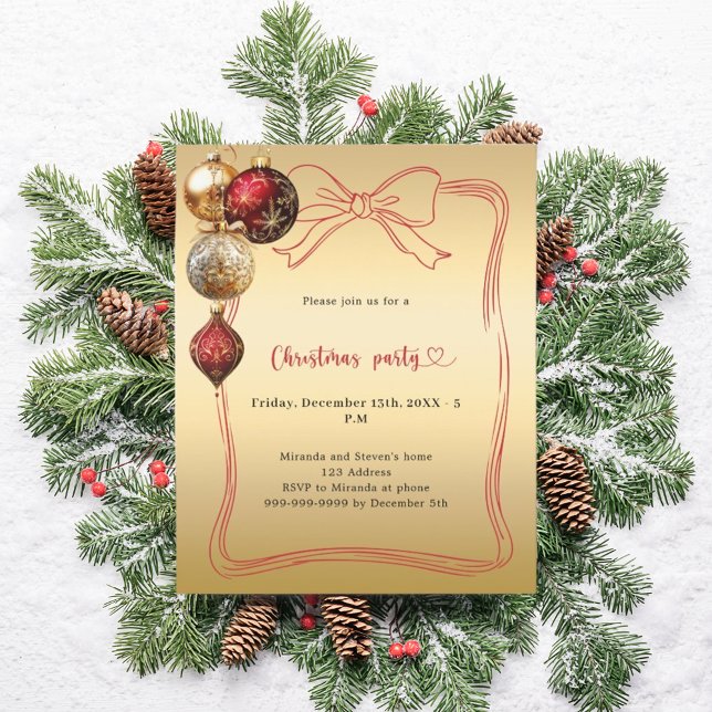 Red bow gold baubles Christmas Party invitation (Creator Uploaded)