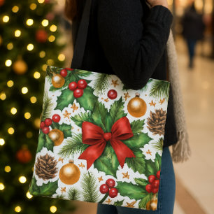 Red Bow Gold Ornaments Christmas Tote Bag