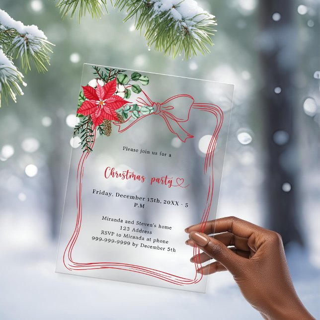 Red bow gold poinsettia Christmas Party frosted Acrylic Invitations (Creator Uploaded)