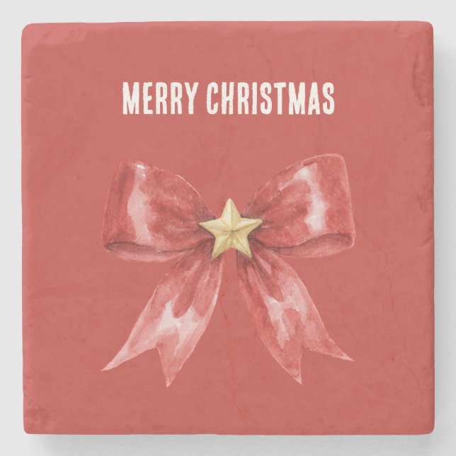 Red Bow Gold Star Stone Coaster (Front)