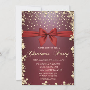 Red Bow Gold Stars Christmas Party Invitation